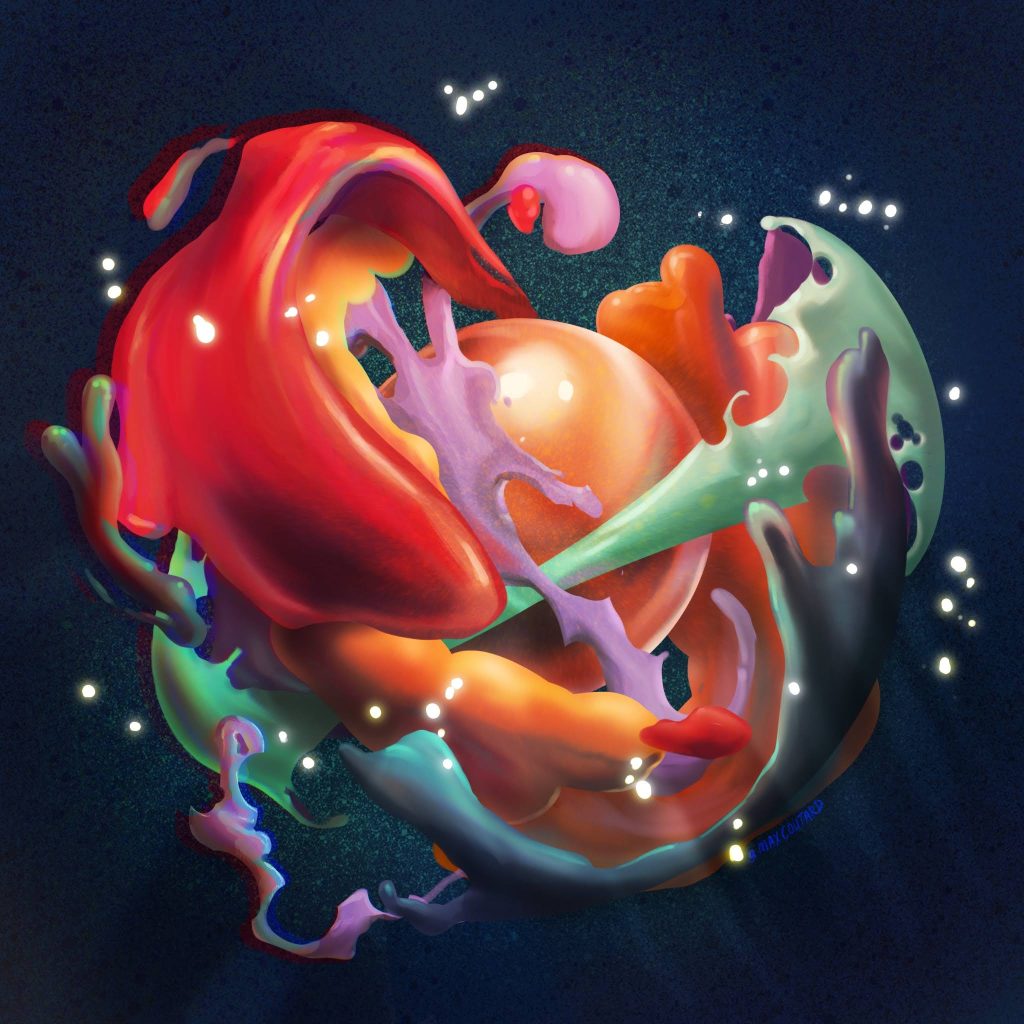 A core has the fluids orbiting itself. Maybe the planetoid is reforming  or in a destructive process. Small pulses of light follow along. 