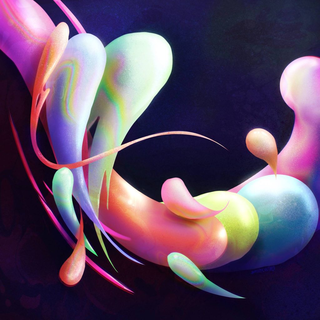 Larger blobs of color reaching from left to right of the canvas. Each amorphous element seem covered in an iridescent sheen. 