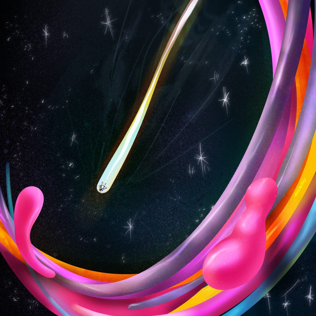 In the vastness of space, a colorful  collection of amorphous ribbons arc below a micronaut careening towards the fluids. The traveller leaves a glorious & flashy trail.