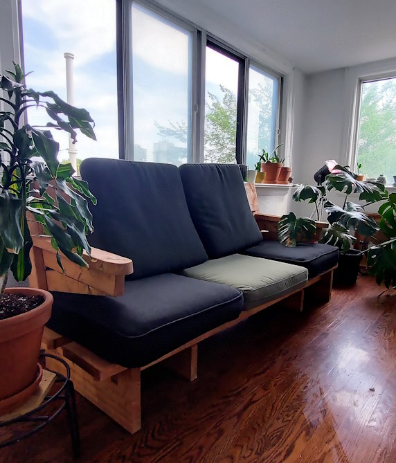 The couch in an airy and bright living room, surrounded by plants.