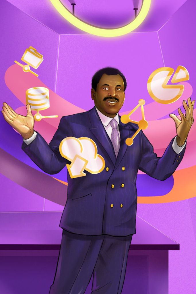 Portrait of David Stewart, in a double-breasted dark suit. He holds his hands aloft as golden network icons float around him; in a purple-hued office with desk and ceiling ring light.