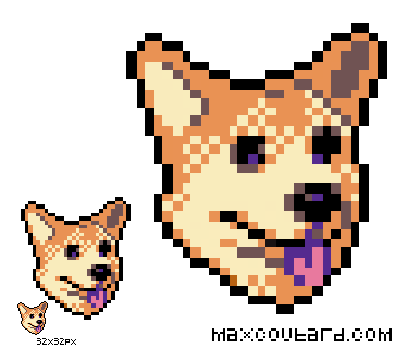 Enlarged 8-bit version of the pixel corgi. Tongue-out, panting; it has a palette of oranges, burnt sienna and purples for the tongue. It is outlined in black.