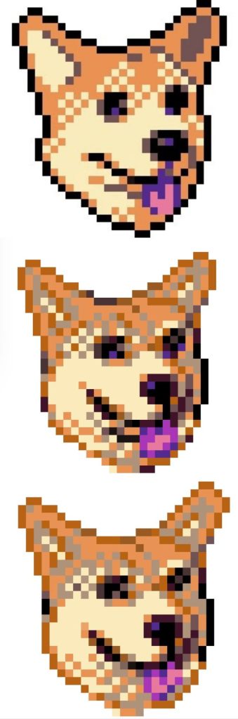 3 Alternative versions of the pixel corgi. The 2 bottom versions aren't outlined and have more colours for easier blending. Top is the last one accepted by the client.