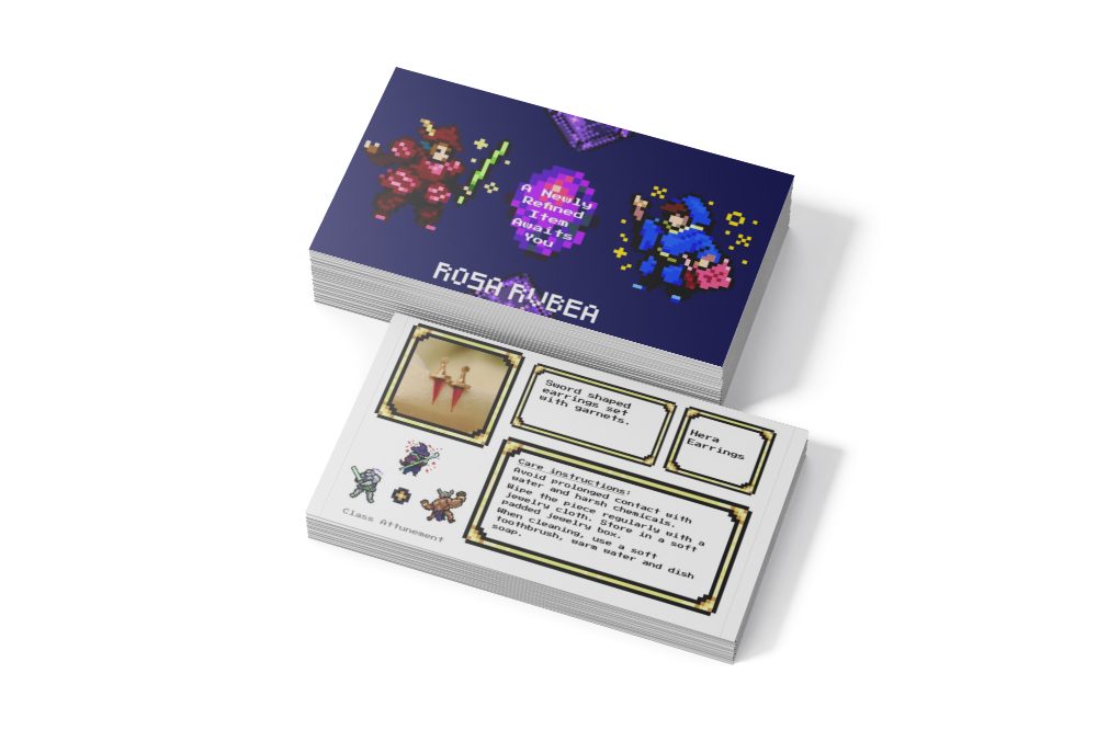 Front and Back of pixel JRPG business card sized "Thank you" cards with care instructions, on a blank white background