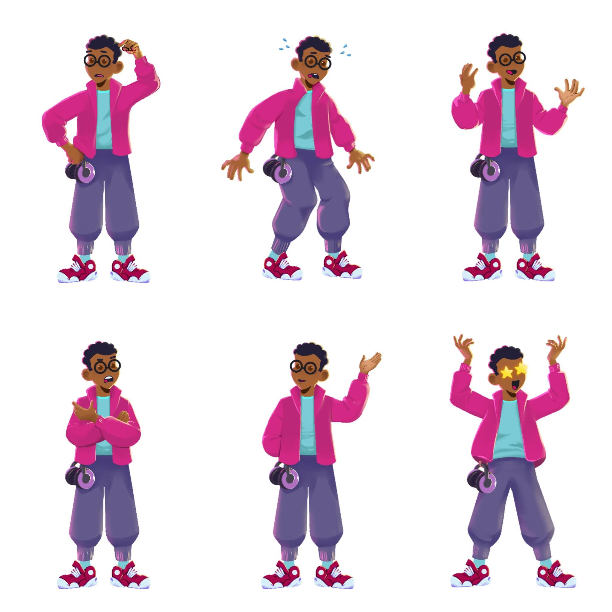 Six pose of the avatar, confused, scared, showing, mad, waving and awestruck. The avatar is wearing magenta and white sneakers, purple jogger pants, a bright magenta windbreaker, teal shirt and has tight coiled hair and round glasses. There are minimal lines overall, just shading to denote form and separations.