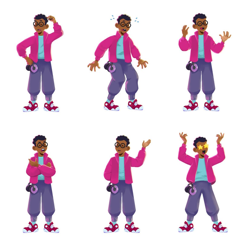Six pose of the avatar, confused, scared, showing, mad, waving and awestruck. The avatar is wearing magenta and white sneakers, purple jogger pants, a bright magenta windbreaker, teal shirt and has tight coiled hair and round glasses. There are minimal lines overall, just shading to denote form and separations.